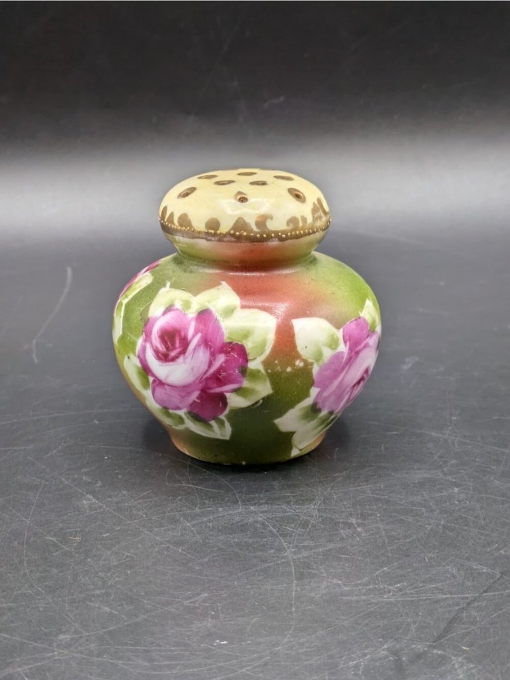 Vintage Hand Painted Shaker Porcelain Hat Pin Holder Pink Cottage Roses 2.5"